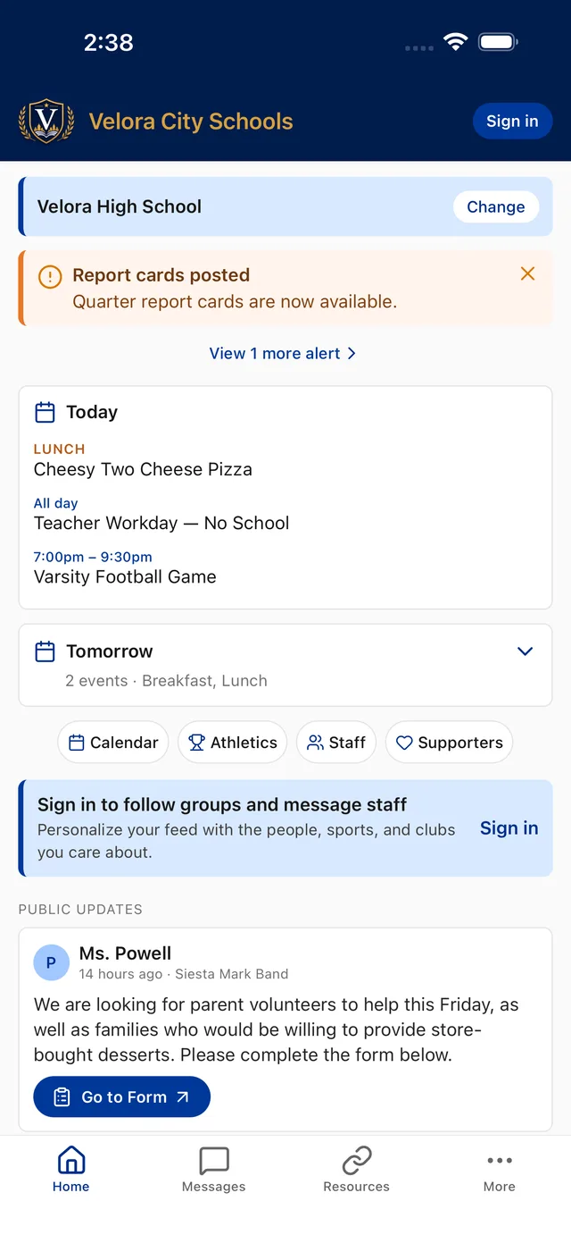 A school’s news feed with alerts, today’s events, and posts