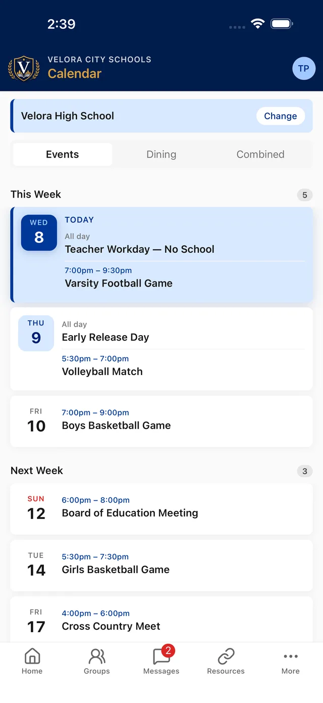 School calendar and dining menus in the School Courier app