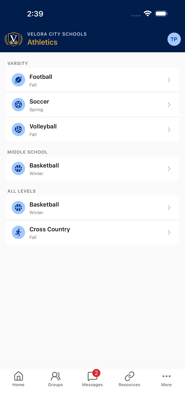 Sports schedules and scores in the School Courier app