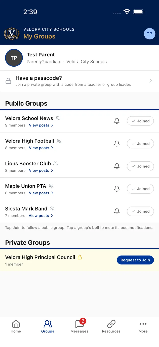 Groups screen where families follow teams and clubs