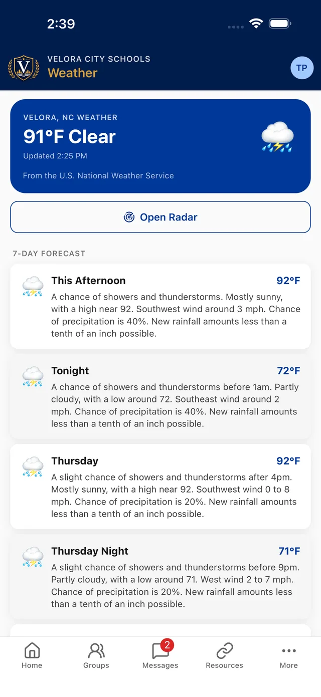 Local weather forecast and radar inside the school app