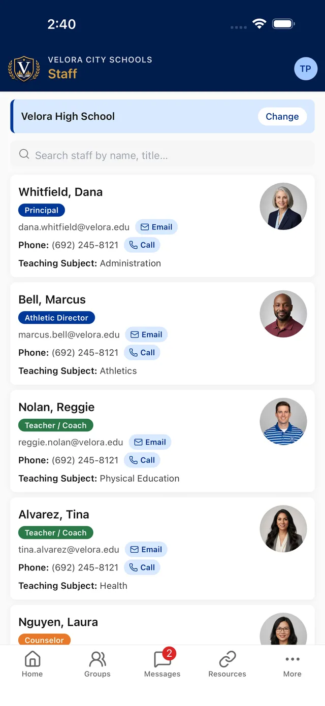 Searchable staff directory with contact buttons