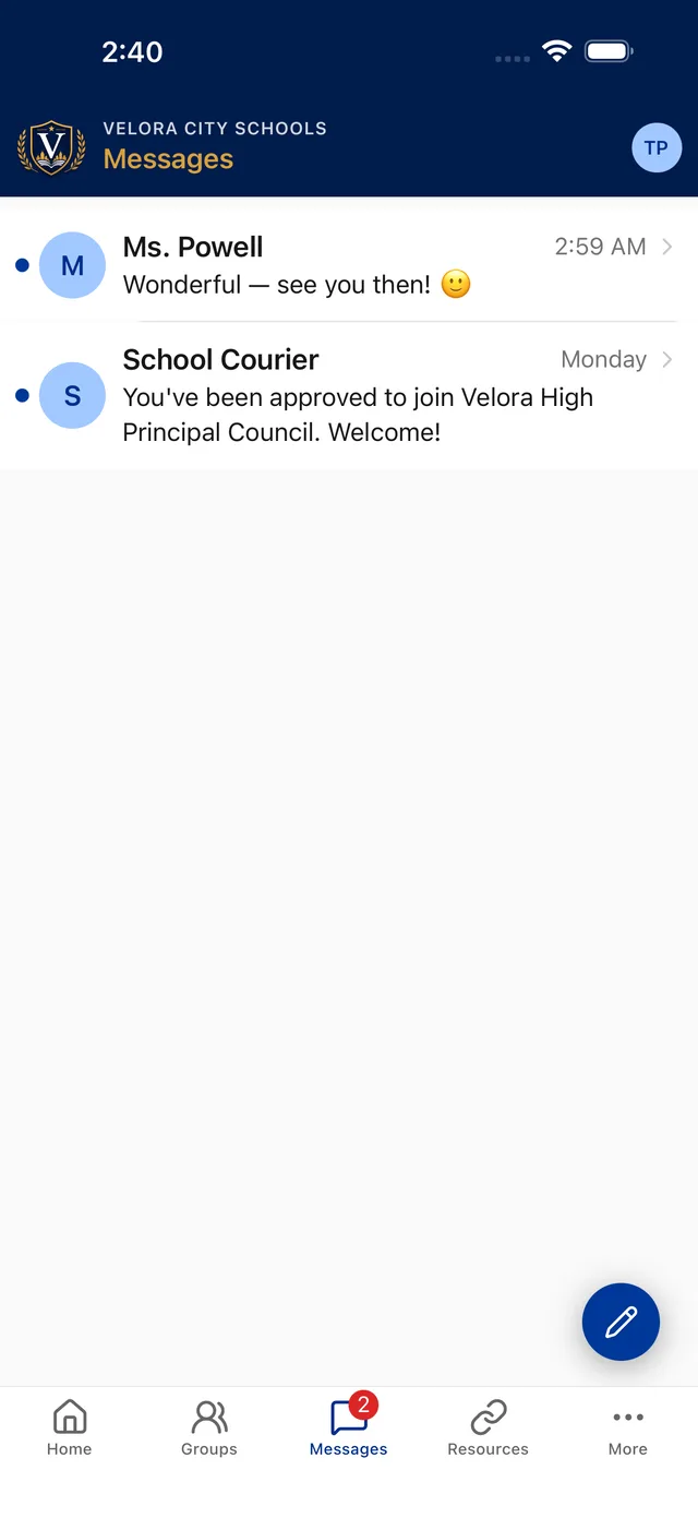 Private messages between a parent and school staff