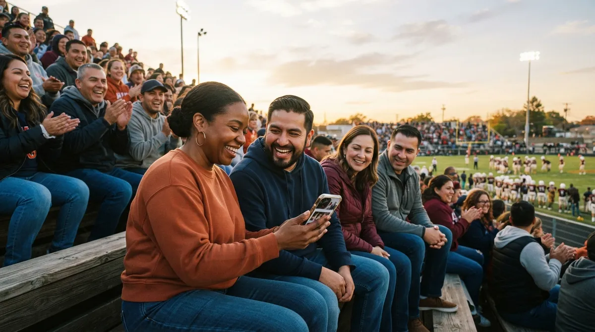 Families smiling over a phone together in the bleachers at a Friday-night school football game