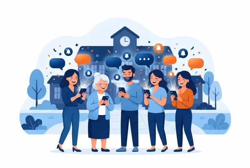 Happy parents and grandparents getting school notifications on their phones
