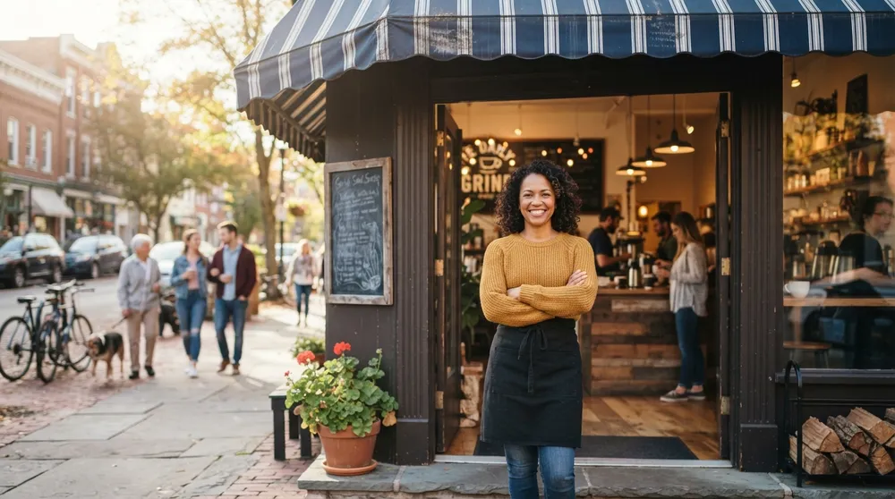 A proud local coffee-shop owner on a small-town main street